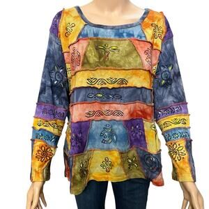 Rising International Patchwork Boho Tshirt Large Colorful Hippie Painted Tie Dye